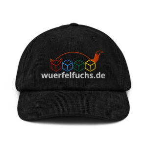 Cap aus Cord mit Wuerfelfuchs-Logo und Url