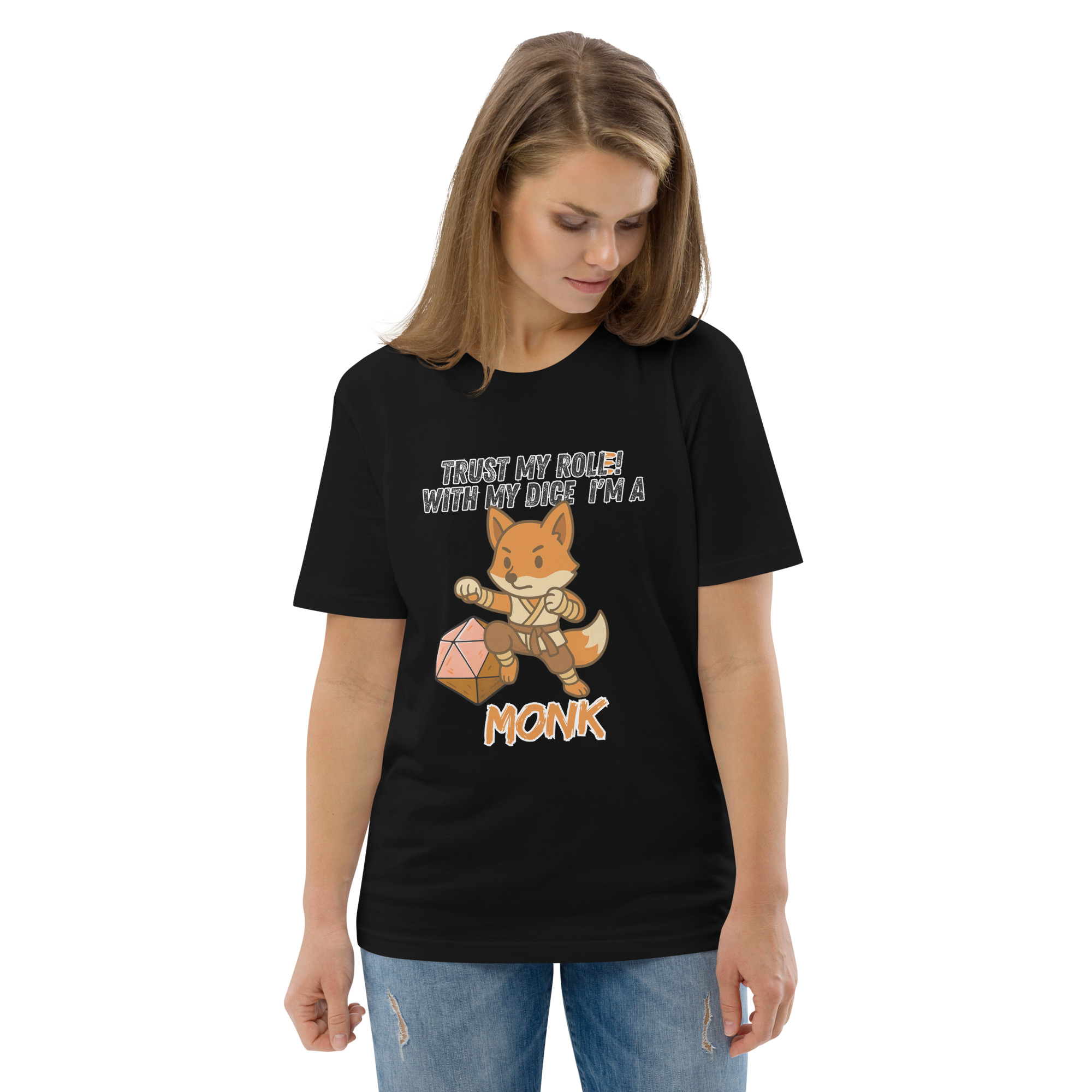 Dicefox Monk – Trust my roll(e)! - DTG-Unisex-Bio-Baumwoll-T-Shirt – Bild 3