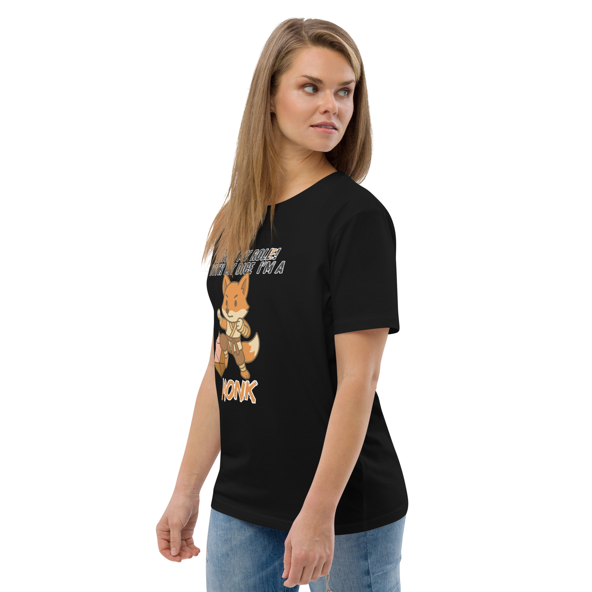 Dicefox Monk – Trust my roll(e)! - DTG-Unisex-Bio-Baumwoll-T-Shirt – Bild 4