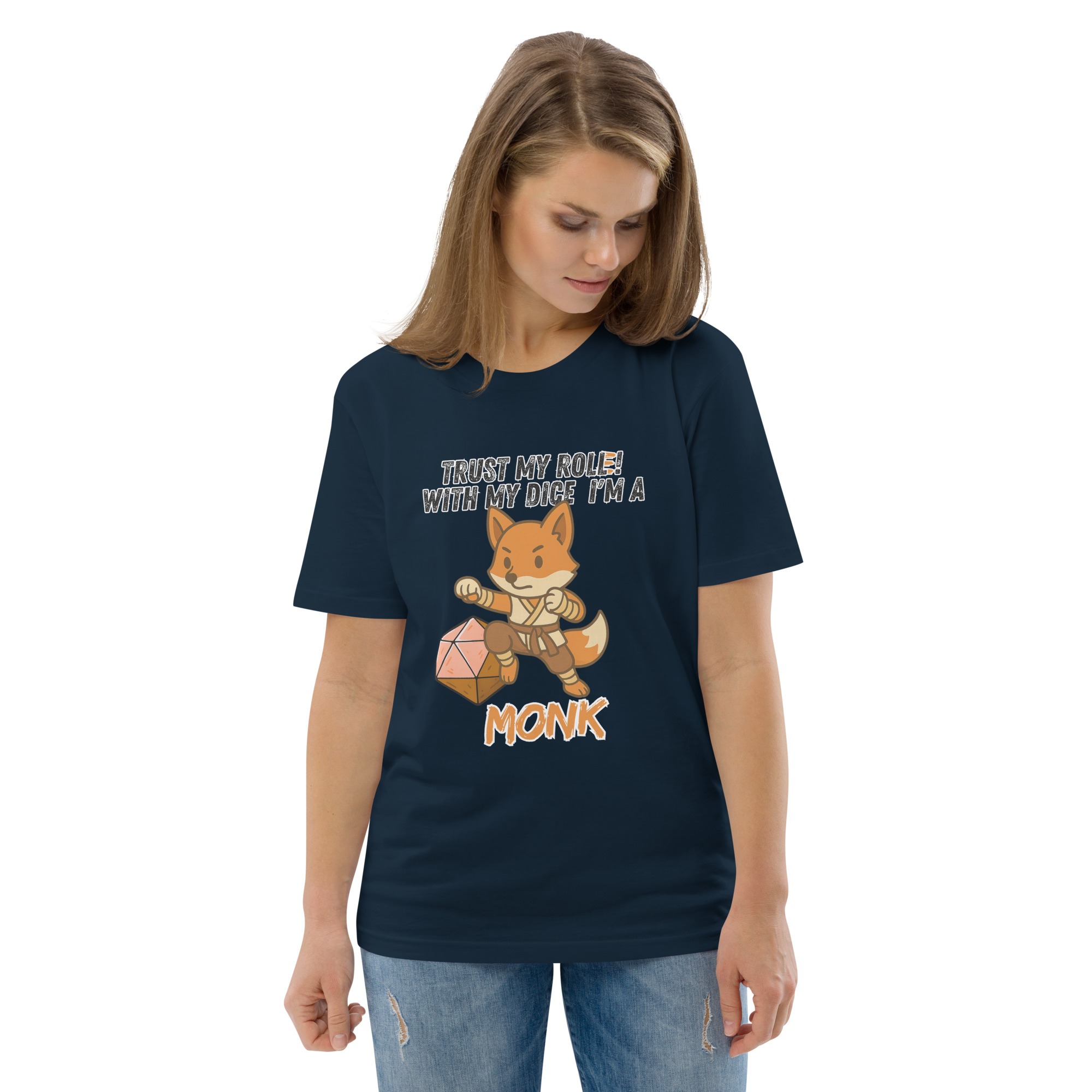 Dicefox Monk – Trust my roll(e)! - DTG-Unisex-Bio-Baumwoll-T-Shirt – Bild 9
