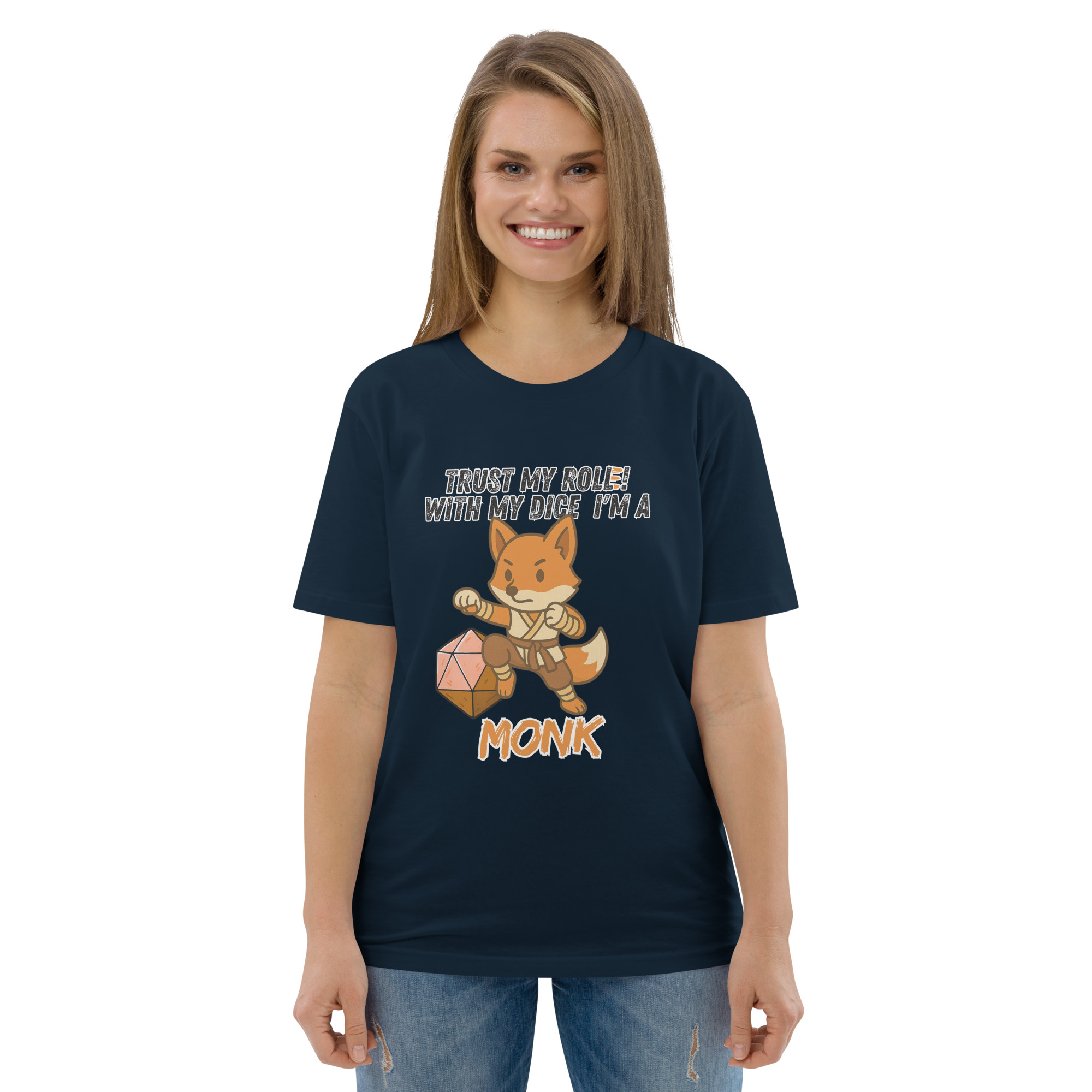 Dicefox Monk – Trust my roll(e)! - DTG-Unisex-Bio-Baumwoll-T-Shirt – Bild 8