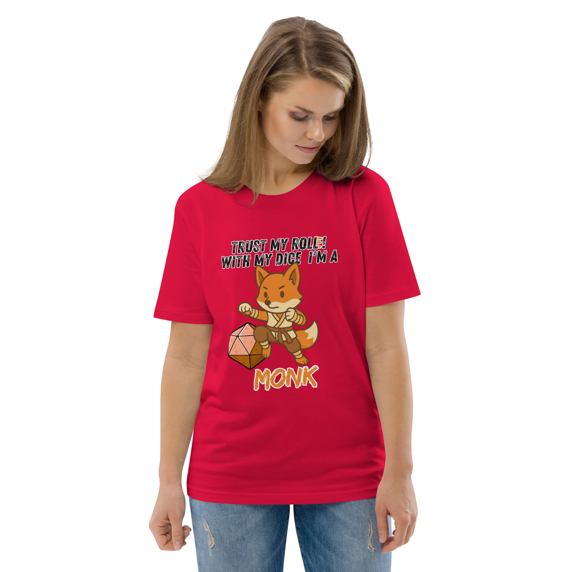 Dicefox Monk – Trust my roll(e)! - DTG-Unisex-Bio-Baumwoll-T-Shirt – Bild 37