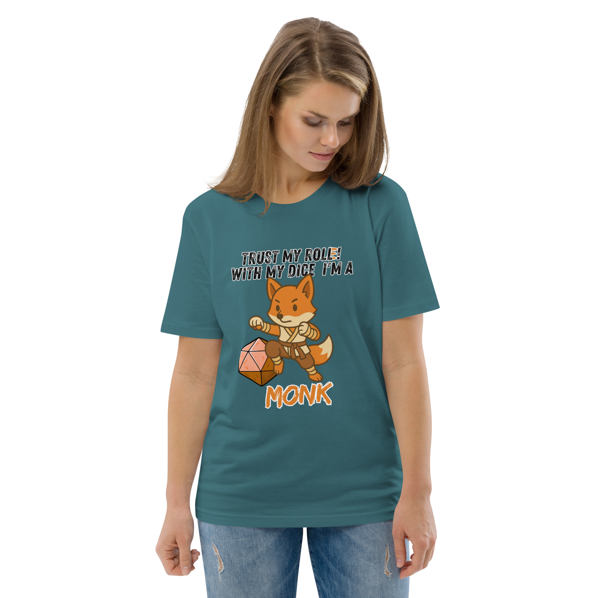 Dicefox Monk – Trust my roll(e)! - DTG-Unisex-Bio-Baumwoll-T-Shirt – Bild 44