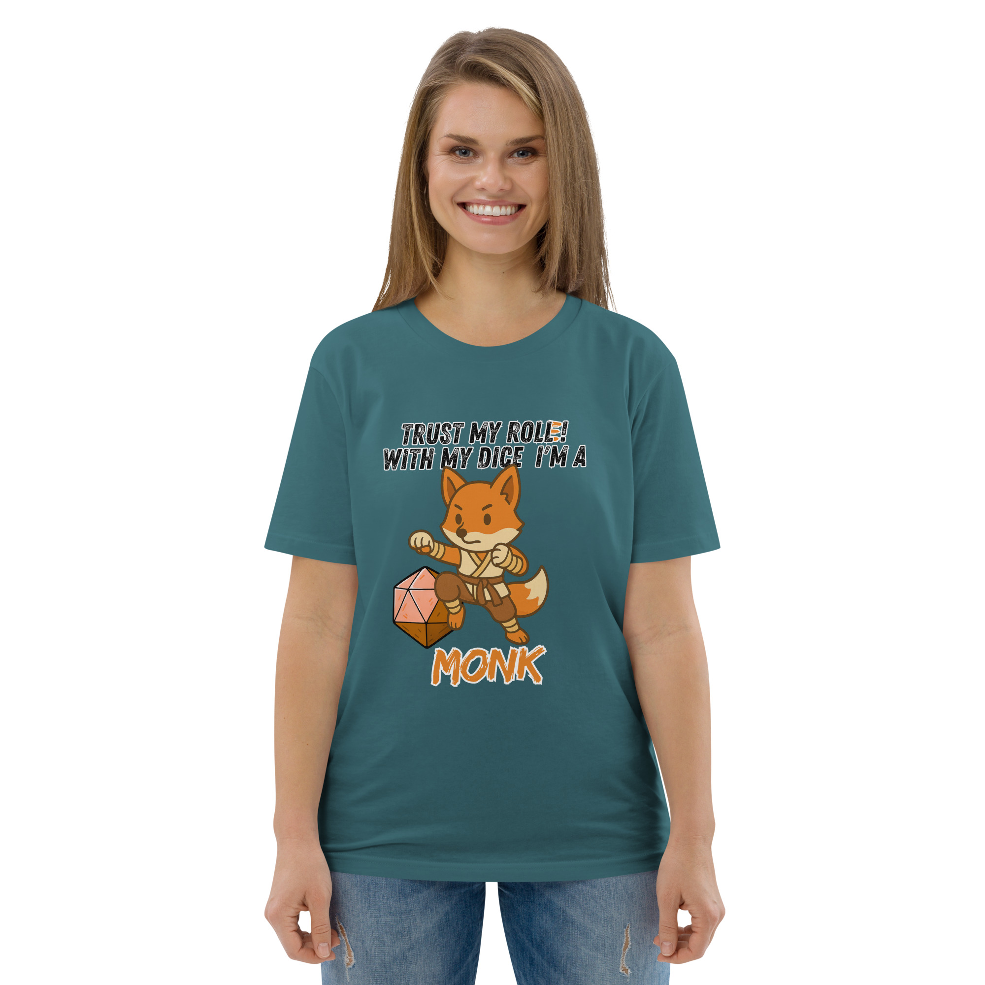 Dicefox Monk – Trust my roll(e)! - DTG-Unisex-Bio-Baumwoll-T-Shirt – Bild 43