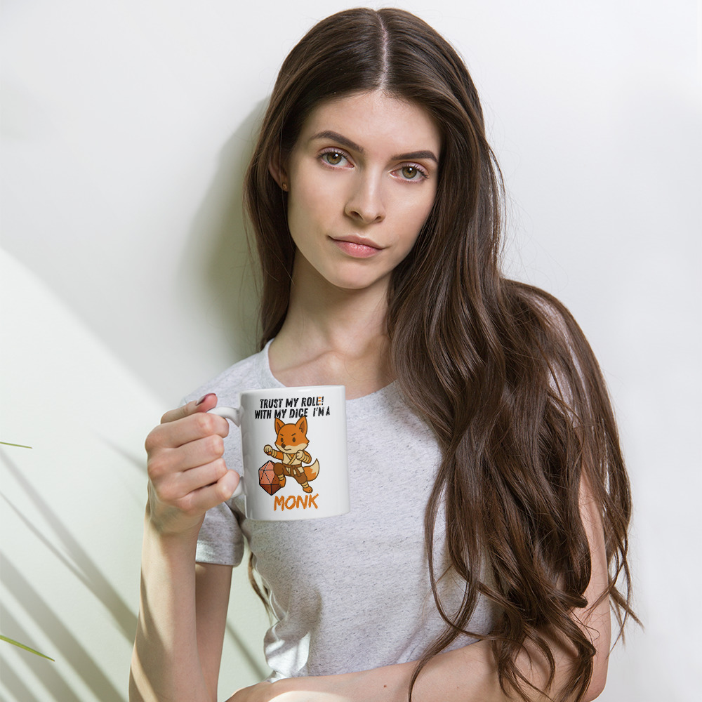 Dicefox Monk – Trust my roll(e)! - Weiße, glänzende Tasse 325ml (11oz) | 444ml (15oz) | 20oz