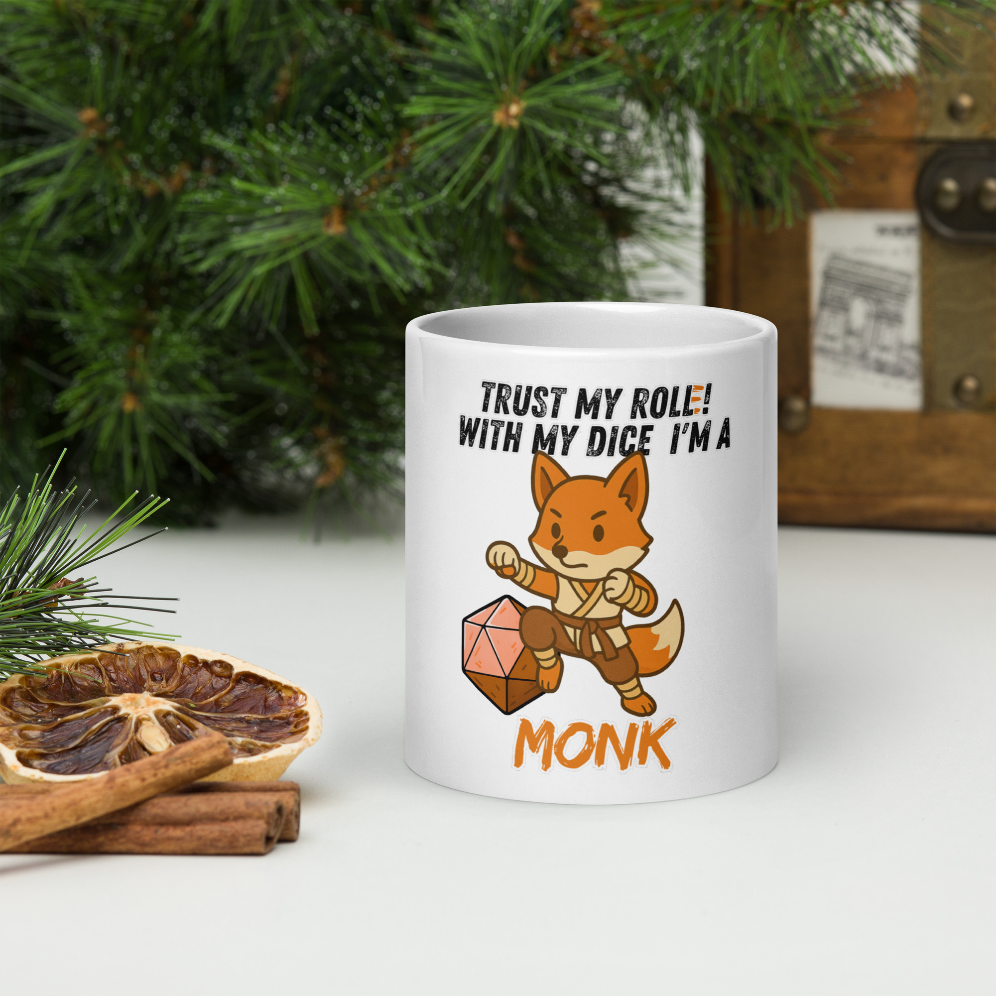 Dicefox Monk – Trust my roll(e)! - Weiße, glänzende Tasse 325ml (11oz) | 444ml (15oz) | 20oz – Bild 2