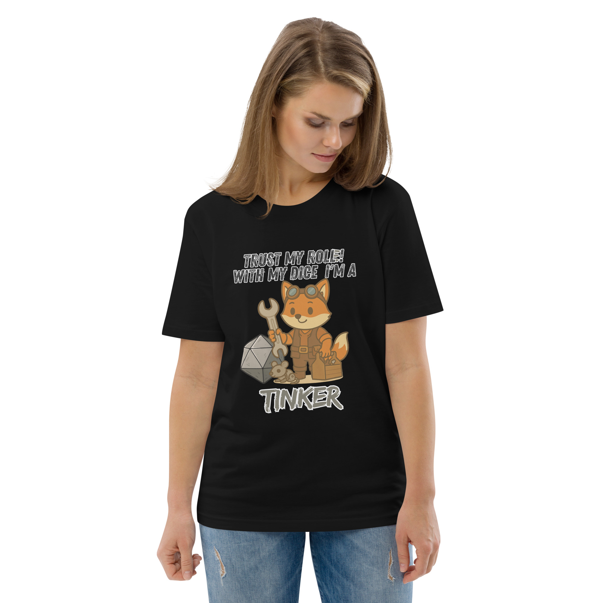 Dicefox Tinker – Trust my roll(e)! - DTG-Unisex-Bio-Baumwoll-T-Shirt – Bild 3