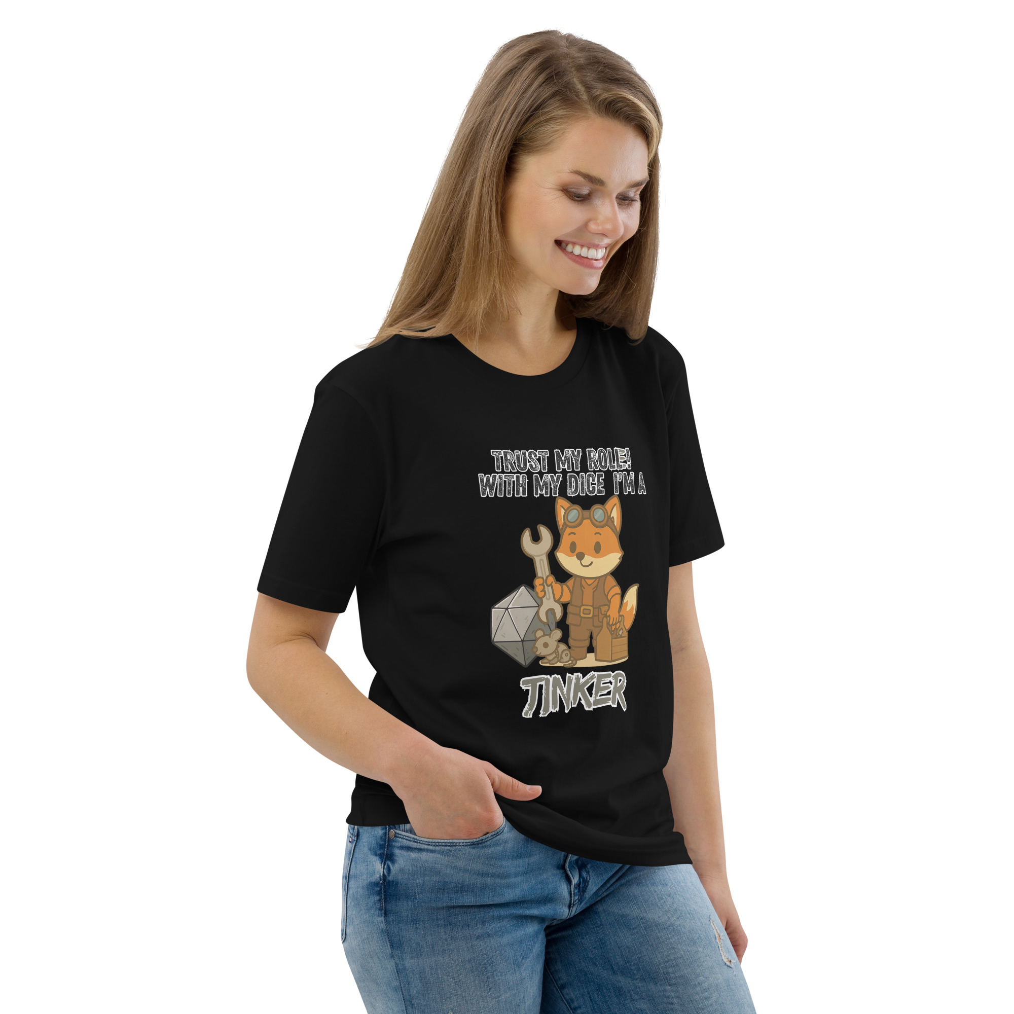 Dicefox Tinker – Trust my roll(e)! - DTG-Unisex-Bio-Baumwoll-T-Shirt – Bild 5
