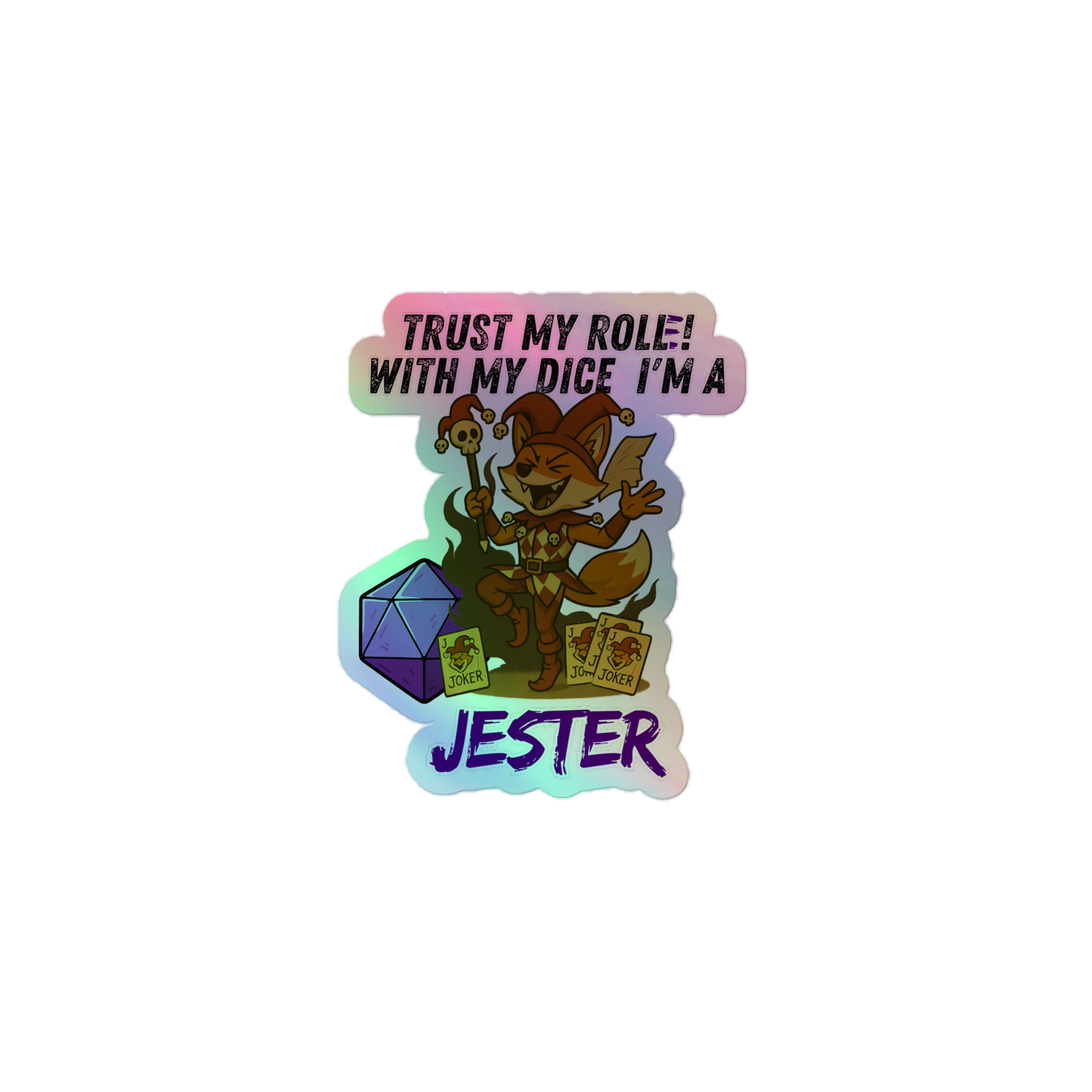 Dicefox Jester – Trust my roll(e)! - Holografische Kiss-Cut Aufkleber 8x8cm | 10x10cm | 14x14cm – Bild 3