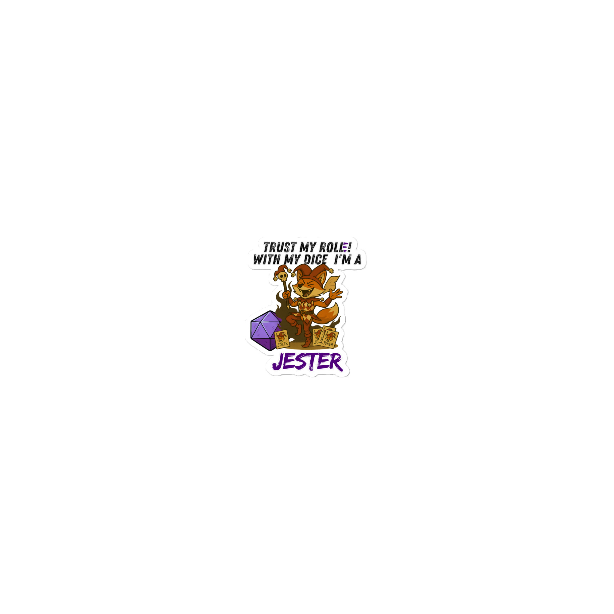 Dicefox Jester – Trust my roll(e)! - Blasenfreie Aufkleber 3″×3″ | 4″×4″ | 5.5″×5.5″ | 15″×3.75"