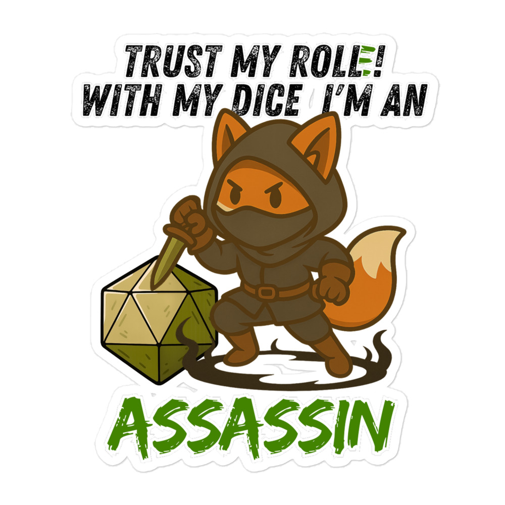 Dicefox Assassin – Trust my roll(e)! - Blasenfreie Aufkleber 3″×3″ | 4″×4″ | 5.5″×5.5″ | 15″×3.75" – Bild 4