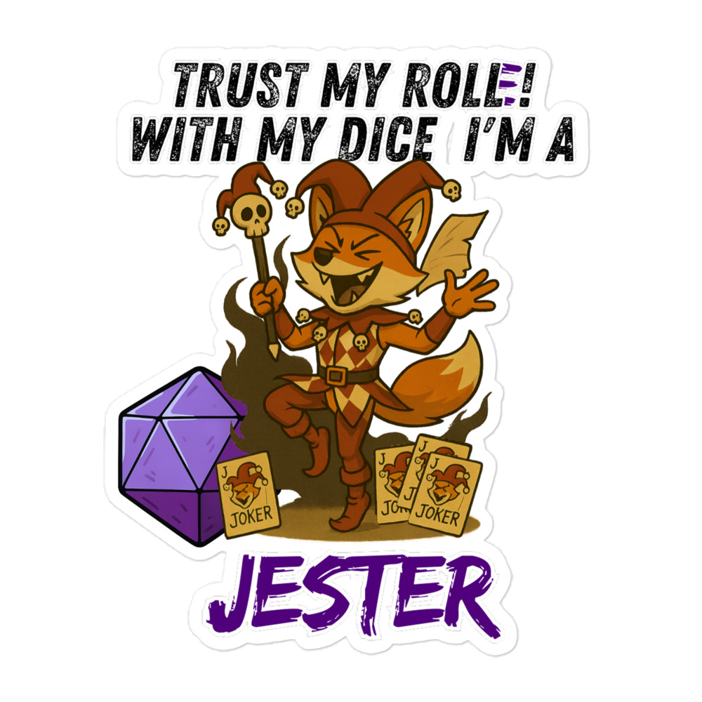 Dicefox Jester – Trust my roll(e)! - Blasenfreie Aufkleber 3″×3″ | 4″×4″ | 5.5″×5.5″ | 15″×3.75" – Bild 4